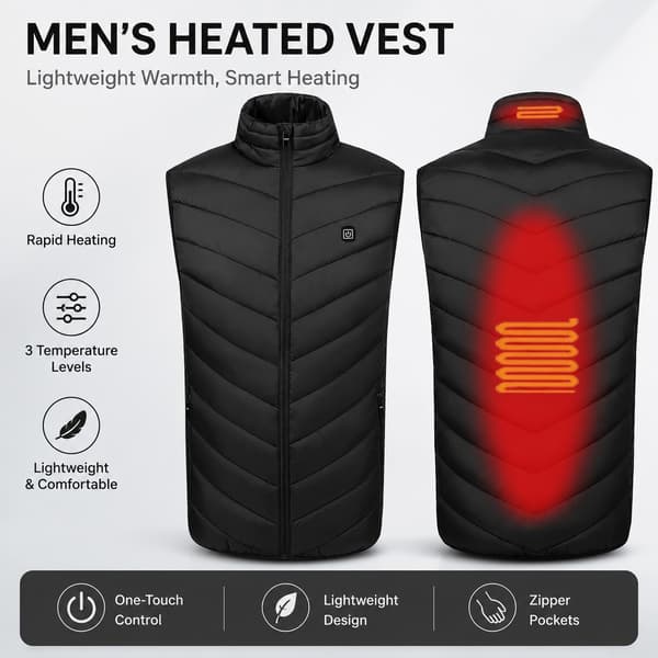 Genopladelig opvarmet vest, sort, 3 temperaturniveauer, USB, polyester, udendørs vinter