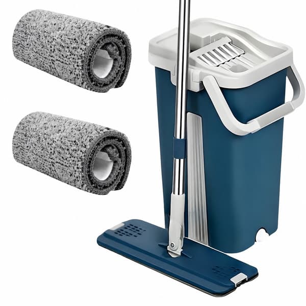 Flad moppe med foldbar mikrofiber spand, blå, 2 tilbehør, gulvskrubber Blue