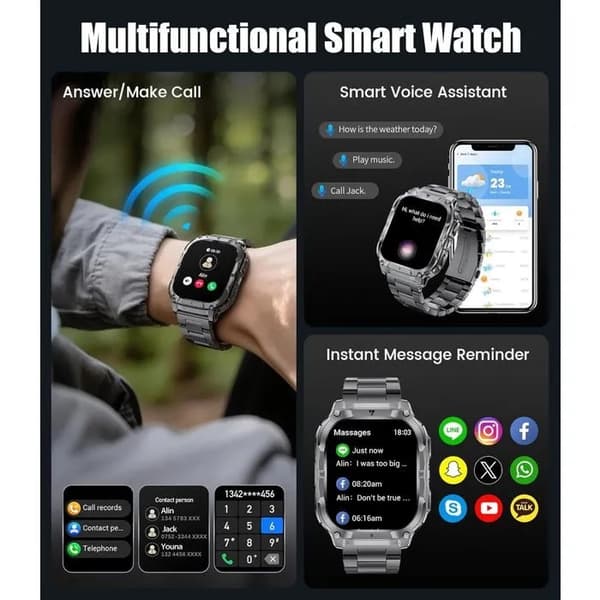 Smartklocka i militärstil för män, 2,0\" HD-skärm, Bluetooth-samtal, Android/iOS, Svart/Stål