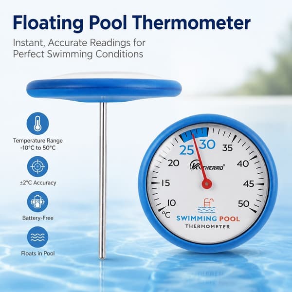 Flydende Pooltermometer, Blå, 304 Rustfrit Stål & Glas, Digitalt Display, Batterifri, -10°C til 50°C