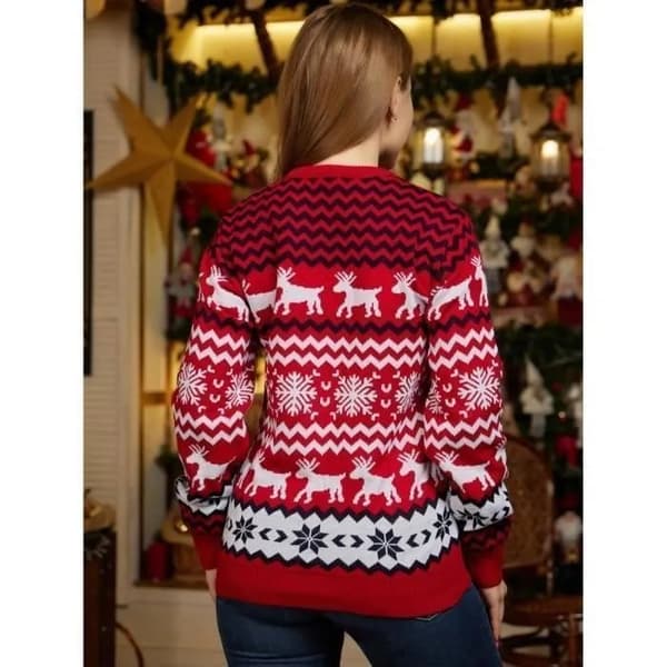 Dame julesweater, elgprint, langærmet rundhalset pullover, blød striktop, festlig vinter