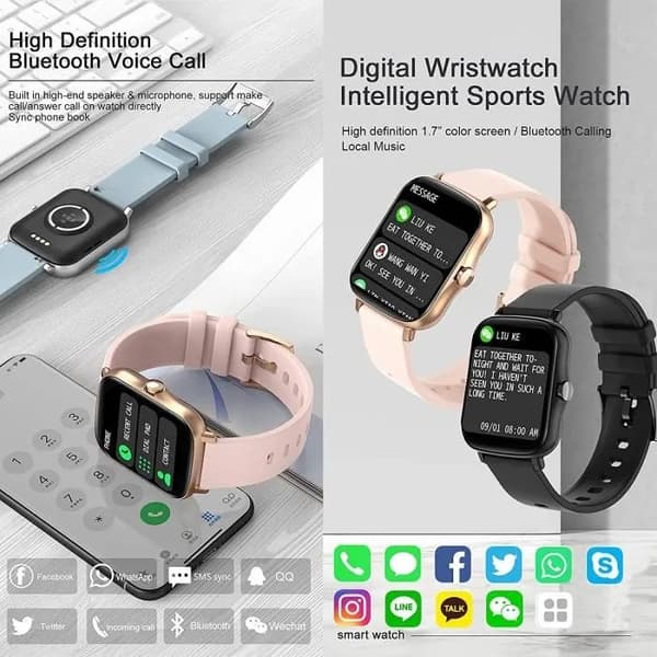 Smartwatch med blodtryck, hjärtfrekvens, SpO2, IP67 vattentät, svara/ringa samtal, guld