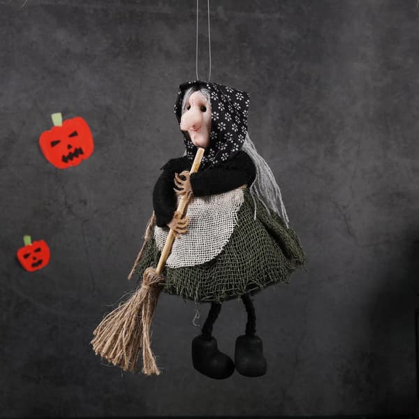 Halloween-häxprydnad med kvast, häxfigur med förkläde, julgransdekoration, samlarobjekt Green