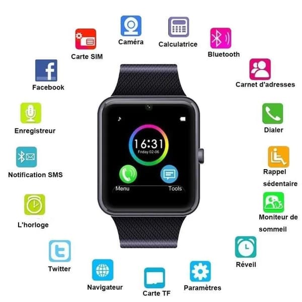 Smartwatch med Bluetooth, Kort, Kamera, Søvntracker, Kalorietæller, Børn Voksne, Silikonerem