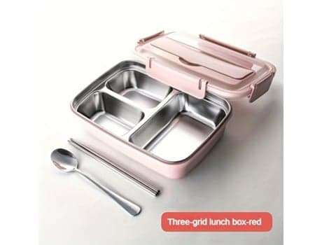 Bento-boks i rustfritt stål med tre rom og rosa bestikk.