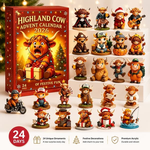 Julekalender Blind Box, Akrylpynt, Highland Cow-serie, Tredekor 3D