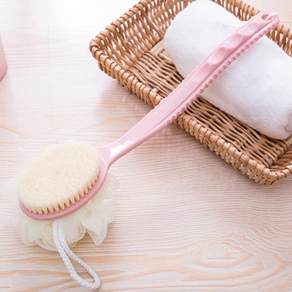 Langhåndteret badebørste med loofah, bløde børster, rygskrubber, eksfolierende, kropsvask