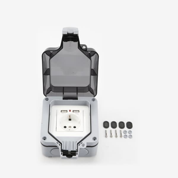 Vedenpitävä seinäpistorasia 2 USB-portilla, IP66, harmaa, ulkokäyttöön