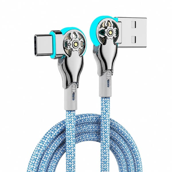 USB Type-C Dubbel Vinklad Svängbar Nylonflätad Snabbladdningsdatakabel, 2m, Blå, med Ljus