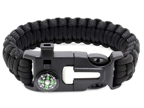 Paracord overlevelsesarmbånd med ildstarter, flint, kompas, fløjte, sort