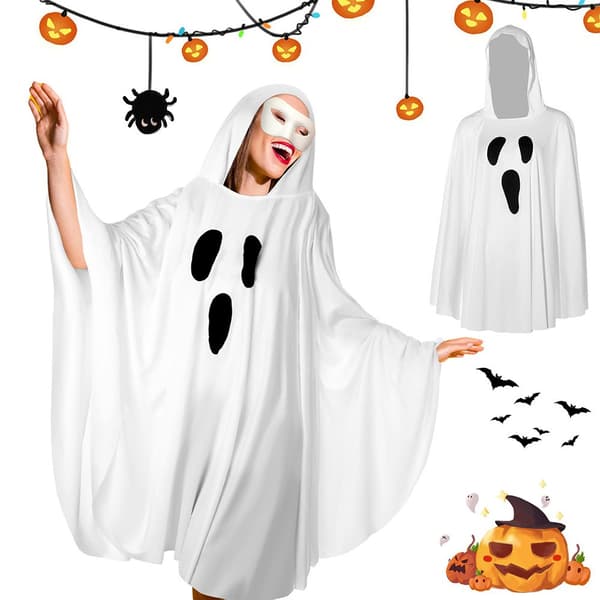 Hætteklædt spøgelseskappe, hvid, letvægtspolyester, Halloween-kostume