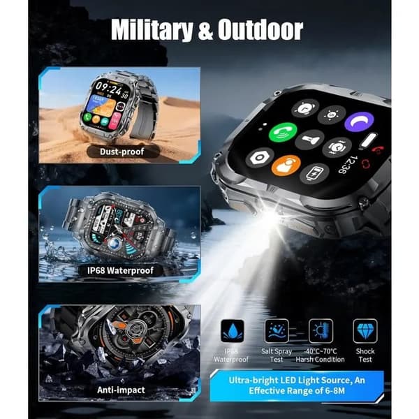 Smartwatch i militærstil til mænd, 2,0\" HD-skærm, Bluetooth-opkald, Android/iOS, Sort/Stål