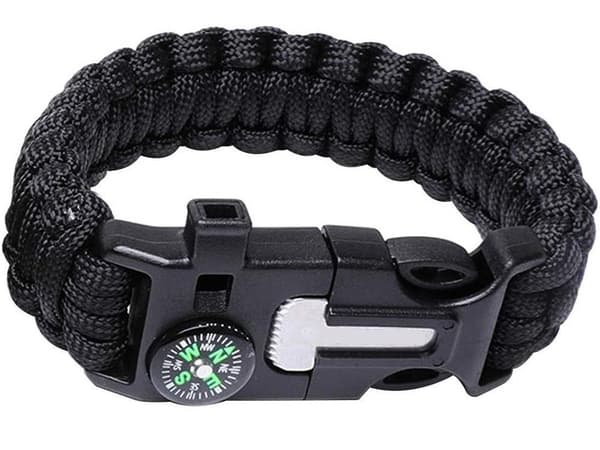Paracord overlevelsesarmbånd med ildstarter, flint, kompas, fløjte, sort
