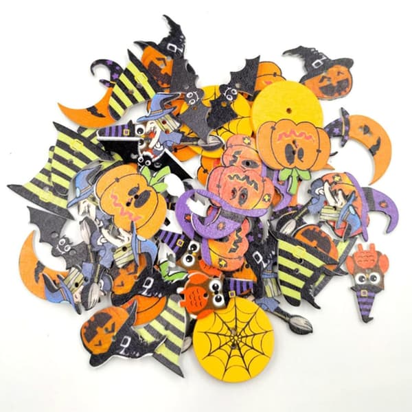50 st. träknappar för sömnad, 2 hål, Halloween-pumpa uggla häxa, DIY-pyssel