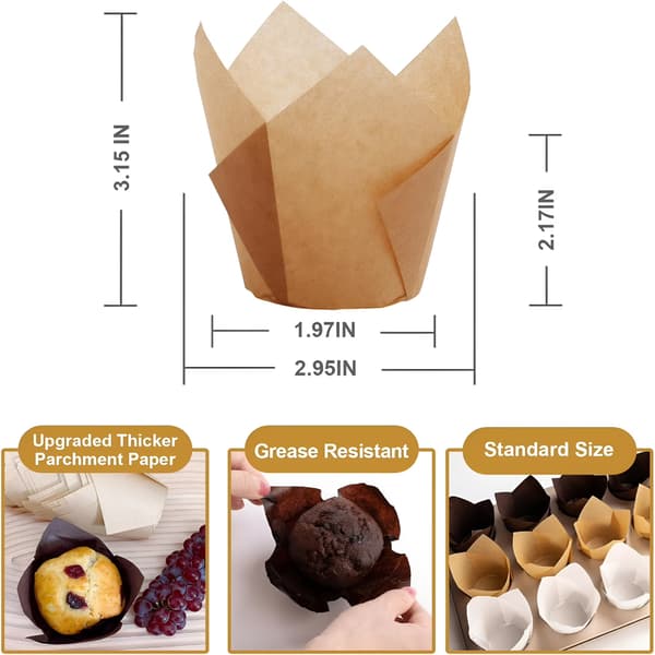 Tulipan Cupcakeforme 200 Stk., Fedtafvisende Muffins Bageforme, Bagepapir, Standardstørrelse, Fest & Jul