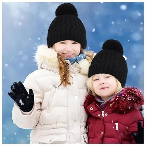 Vinterhue, halstørklæde og handskesæt til børn, strikket, touchskærm, varm, sort, alder 2-8 år