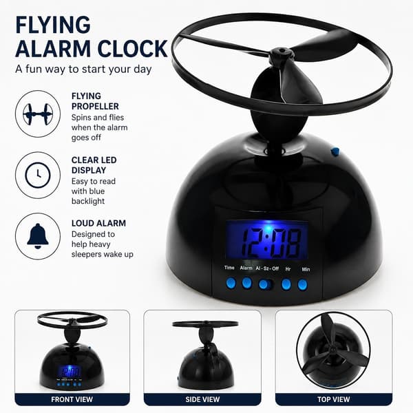 Flygande väckarklocka med LED-display, svart, 1 st 14x6 cm, snooze-propeller, högljudd för sovrum