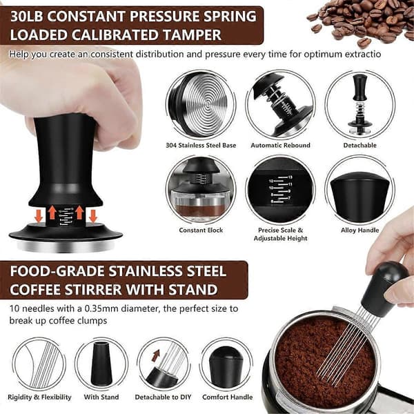 10-delt espressokaffetilbehørssett, 51 mm espressokaffetamper-sett, Aquaforge