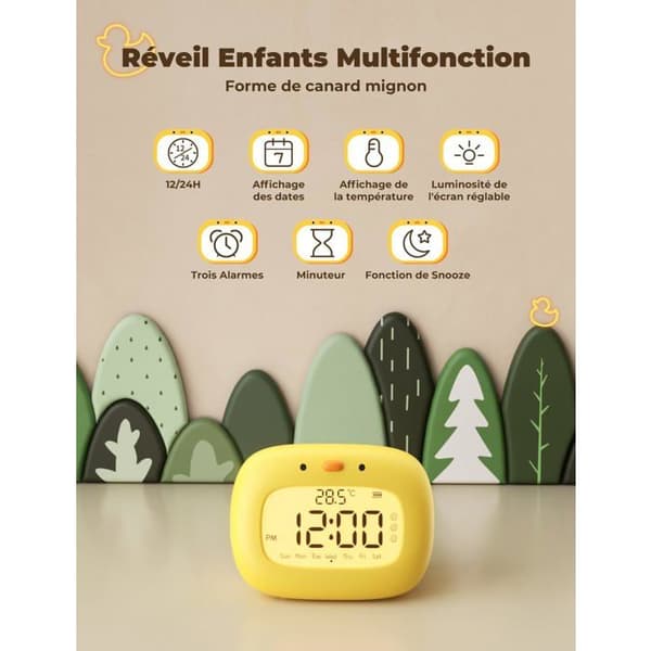 Digital vekkerklokke for barn, 3 alarmer, 12/24-timers format, slumrefunksjon, timer, ukesvisning, andeform