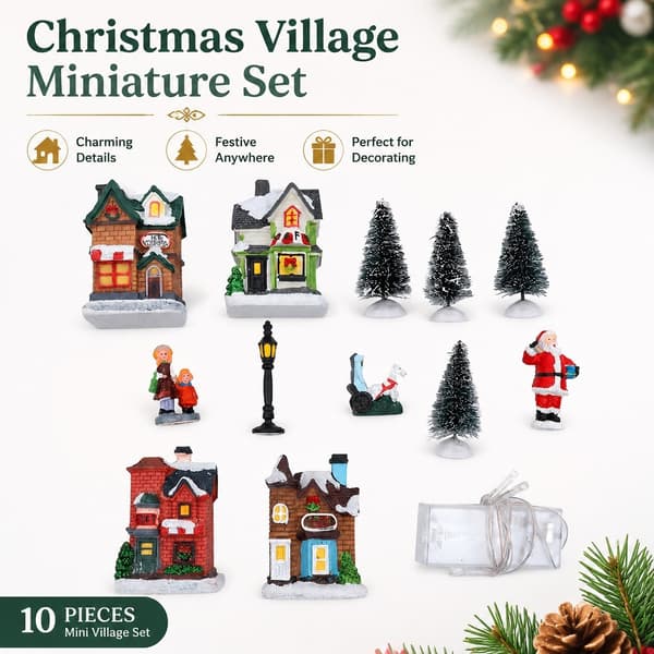 Julelandsby i harpiks med LED-lys, miniaturehuse, julepyntgave