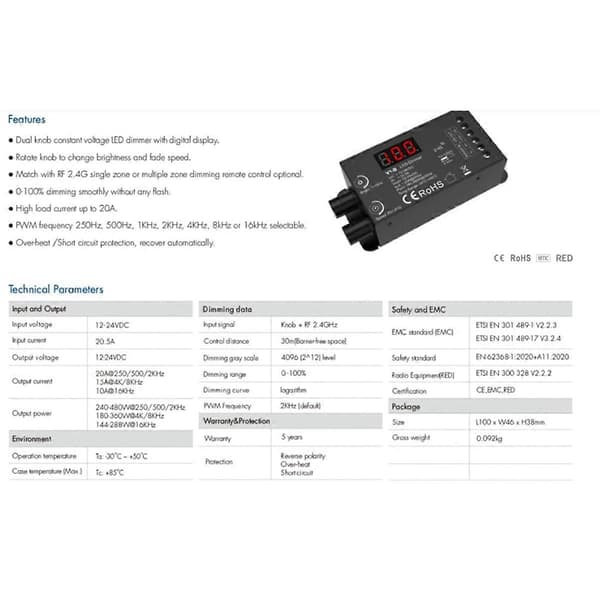 Dubbel Ratt Konstant Spänning LED Dimmer 1CHx20A Trådlös Fjärrkontroll Numerisk Display CV Controller V1-B Black