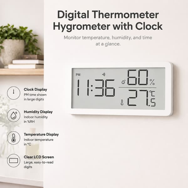 Digital termometer hygrometer med klocka, LCD-display, inomhustemperatur- och luftfuktighetsmätare
