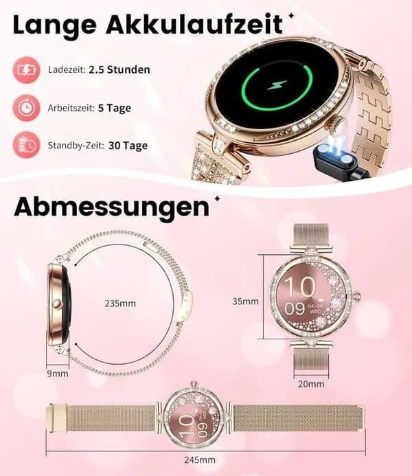 Smartklokke for kvinner 1,19\" AMOLED, Bluetooth-samtaler, aktivitetsmåler, pulsmåler, rosegull