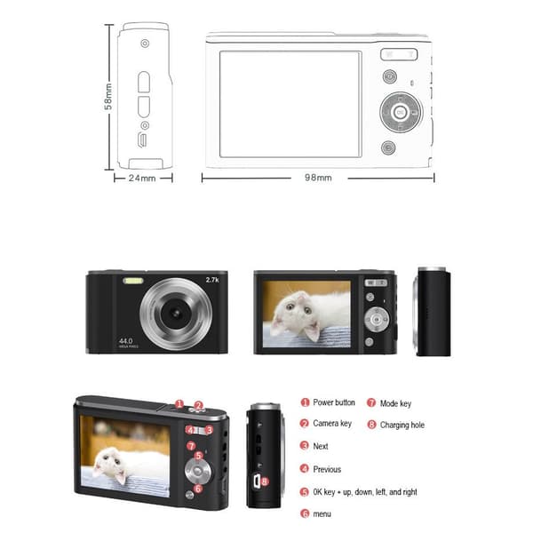 48MP Digitalkamera 16x Zoom 4K Video, Sort, Kompakt til Begyndere