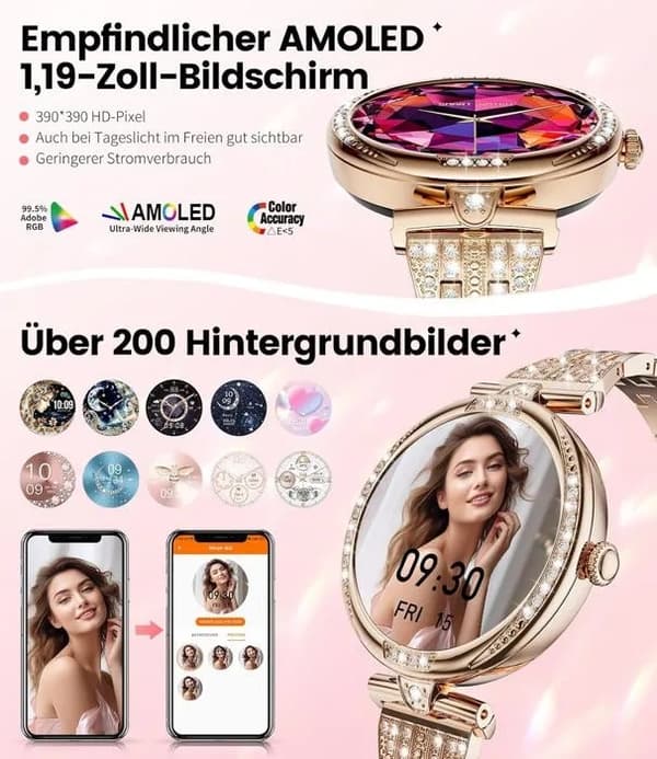 Smartklokke for kvinner 1,19\" AMOLED, Bluetooth-samtaler, aktivitetsmåler, pulsmåler, rosegull