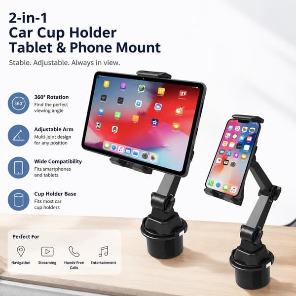 Auton tablettiteline, universaali, 360° kierto, säädettävä, musta, useimmille tableteille