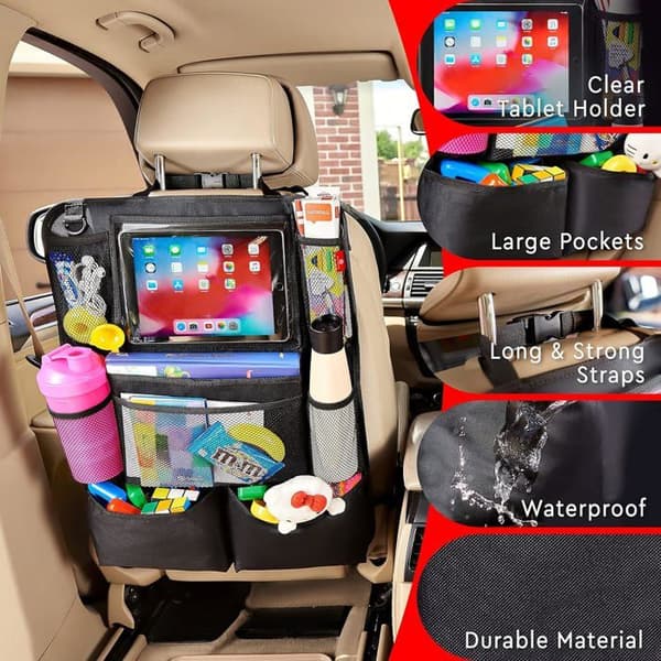 Bilbagsædearrangør med touchscreen-tabletholder og 9 opbevaringslommer, 2 sorte stykker