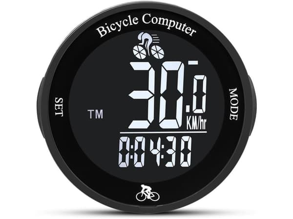 Rund trådløs cykelcomputer, sort baggrund med hvid tekstvisning-Dugt
