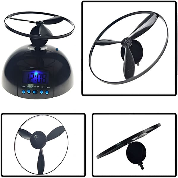 Flygande väckarklocka med LED-display, svart, 1 st 14x6 cm, snooze-propeller, högljudd för sovrum
