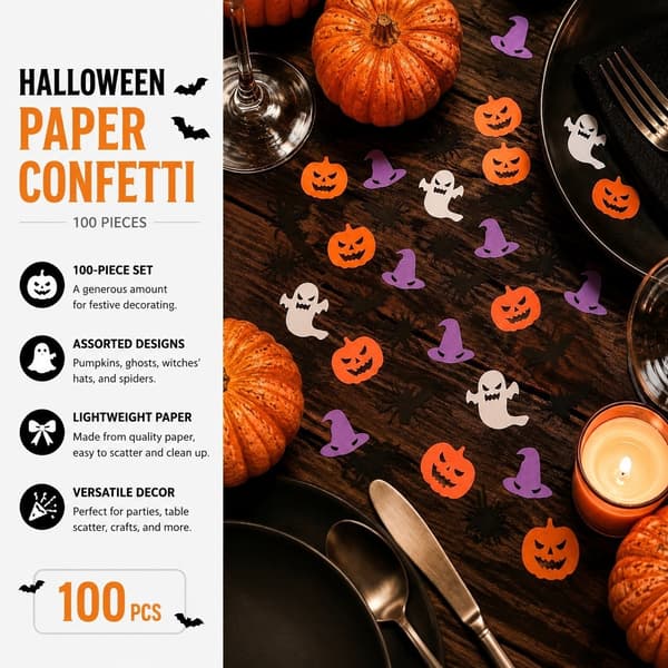 Halloween Papirkonfetti 100-pak, assorterede udstansede former, bordpynt til fest