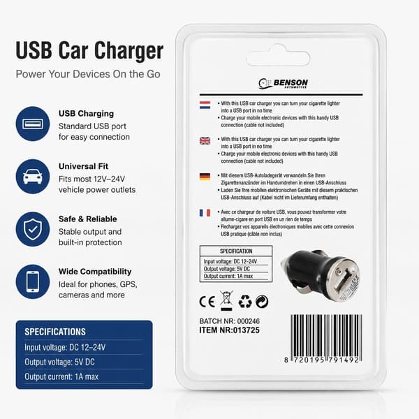 USB Biloplader 1A 12-24V, Sort, Cigarettænder til USB-port til Telefon Tablet