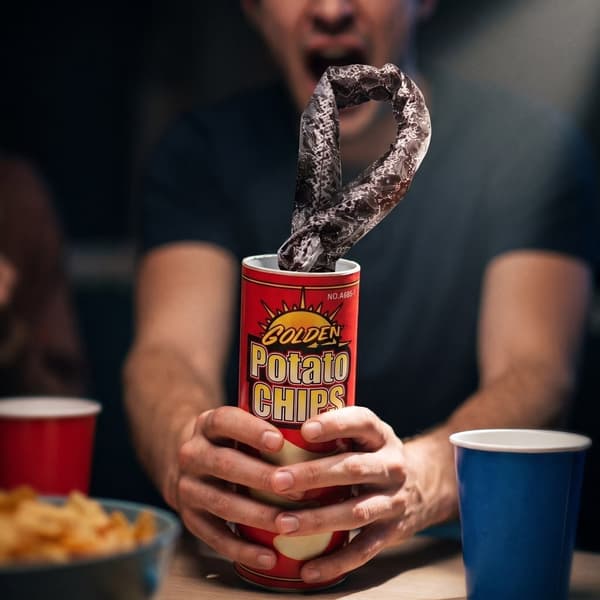 Fjäderormsskämtleksak i chipburk, blå, skämtpresent för aprilskämt Halloweenfest