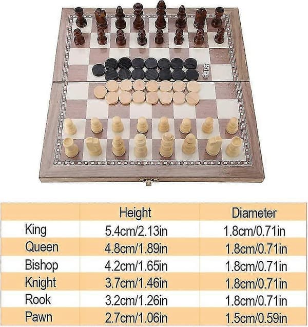 3-i-1 Brädspel Schack, Dam och Backgammon i Trä Heilwiyammon Bärbart Schackbräde
