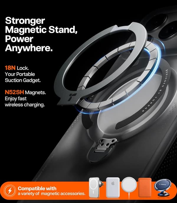 360 Magsafe Stand Telefondeksel til iPhone 17 Pro Max, AirMAX Fallbeskyttelse med 360° Roterende Støtte, Shadow Black