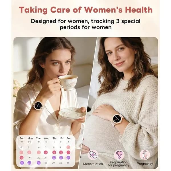 Dame Smartwatch med Diamant, 1.32\" Rosaguld, Pulsmåler Søvnmonitor, Menstruationscyklus Tracker