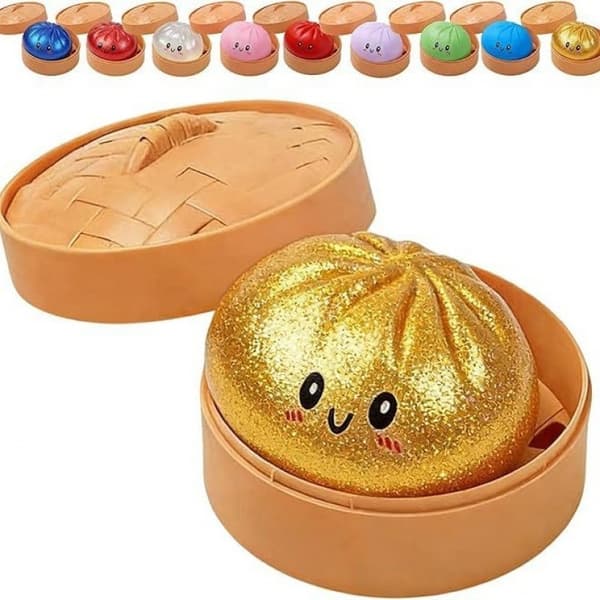 Simulerad BBQ-fläskbulleform Långsamt stigande klämleksak med uttrycksdesign Gold Pectin+Gold Glitter