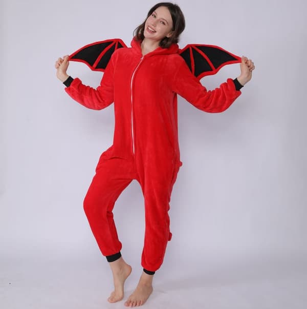 Sorte Flagermus Dyre-Onesie Pyjamas, Hætteklædt Flannel Heldragt, Forældre-Barn Cosplay Hjemmetøj Red M - devil