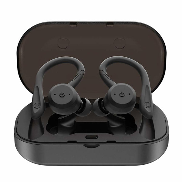 Sorte trådløse Bluetooth-øretelefoner med ørekrog