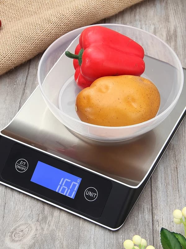 Digital køkkenvægt med stemme, rustfrit stål, LCD-display, til ingredienser og mad