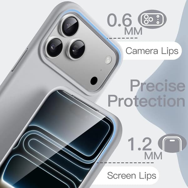 Flytende silikon grått telefondeksel til iPhone 17 Pro Max 6,9-tommer, støtsikkert anti-fingeravtrykk silikon PC-deksel