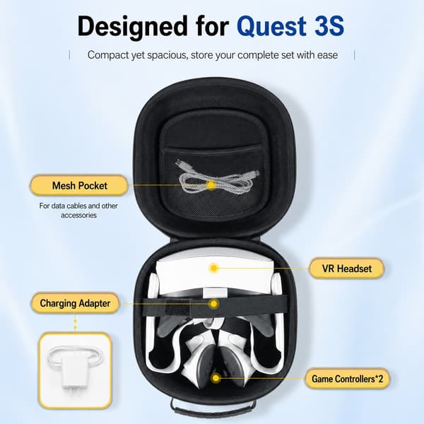 VR-headsetfodral kompatibelt med Meta Quest 3S/3/2 & Vision Pro, grå, hårt skal, bärbart