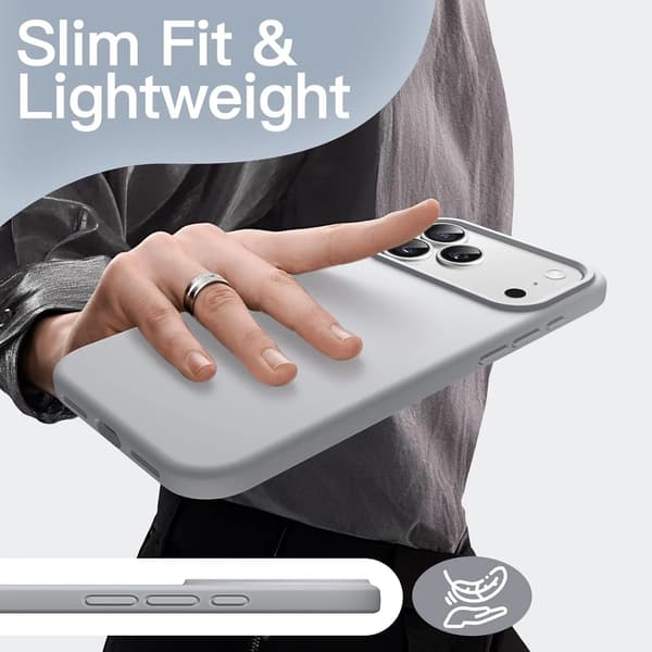 Flytende silikon grått telefondeksel til iPhone 17 Pro Max 6,9-tommer, støtsikkert anti-fingeravtrykk silikon PC-deksel