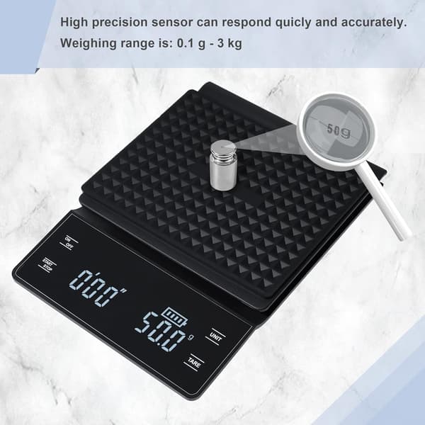3 kg digital köksvåg, 0,1 g precision. LCD-display, touchknappar, timer & enhetskonvertering. Perfekt för kaffe, bakning, grillning och daglig köksanvändning.