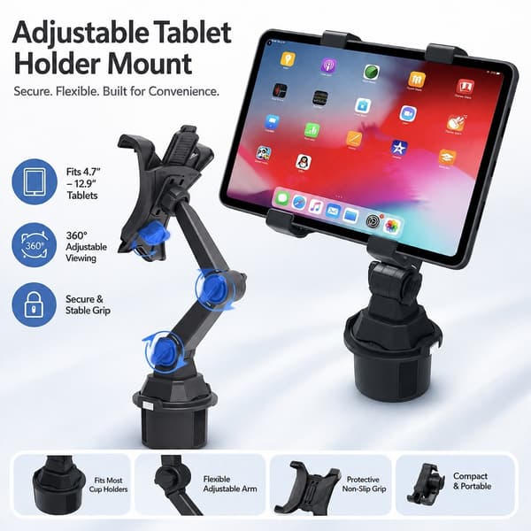 Bil Tablet Holder, Universal, 360° Rotation, Justerbar, Sort, til de fleste tablets
