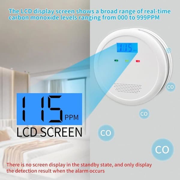 Bärbart kolmonoxidlarm med digital LCD-display, batteri ingår ej