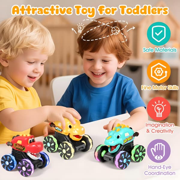 3-pak lysende monstertruck-legetøj til 1-årige, tryk-og-kør dinosaurbiler til småbørn B - Light-Up